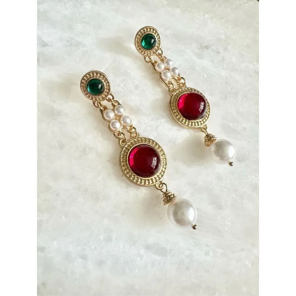 Regal Emerald & Ruby Pearl Drop Earrings Gold-Color Heirloom style Statement